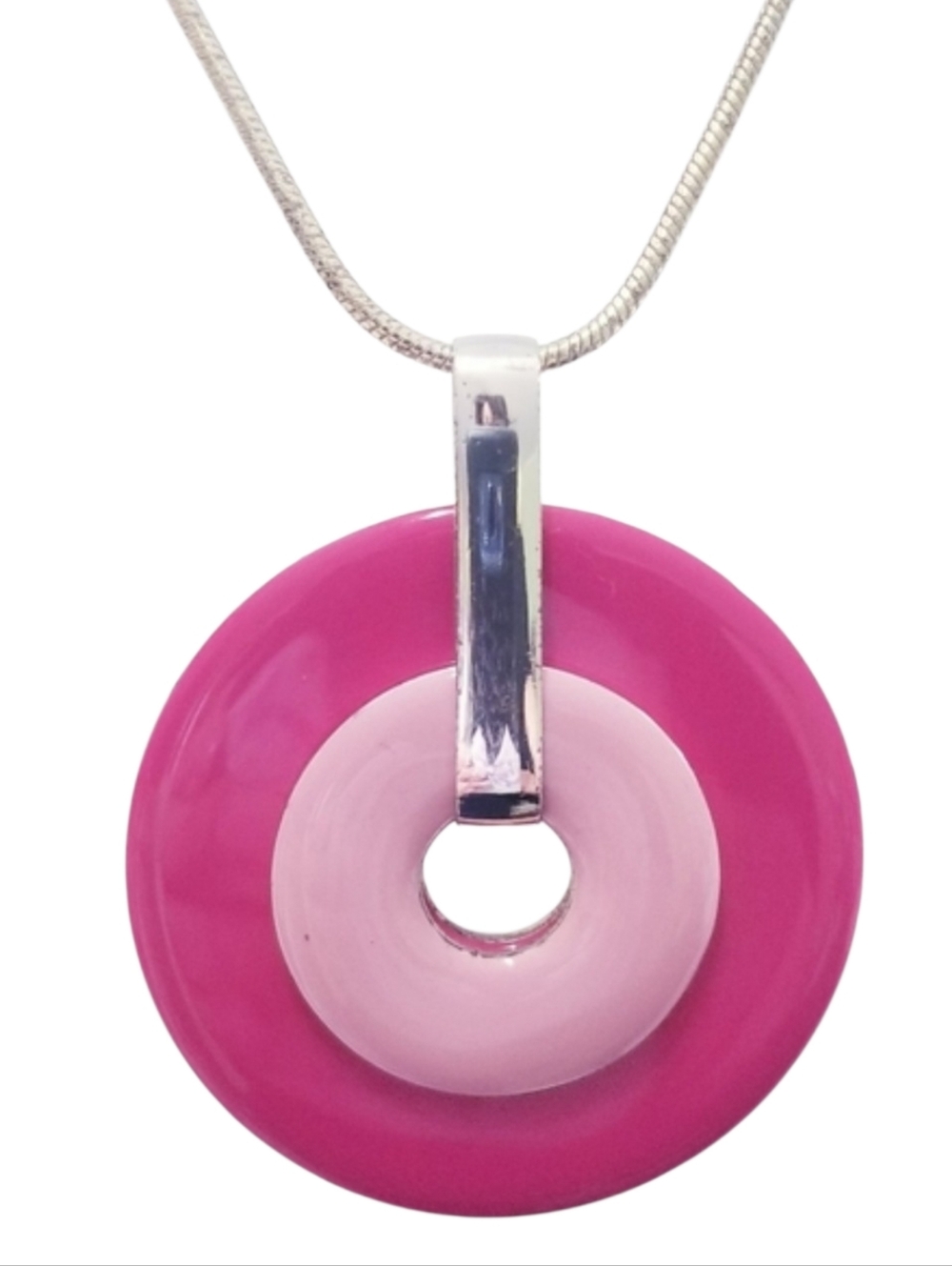Vintage 1960s Bright Pink Lucite "Washer" Double-Disk Pendant Necklace Retro